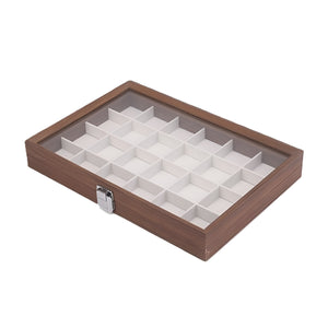 Volamor - 24 Slots Portable Wood Jewelry Rings & Earrings Box with Glass Lid - Brown