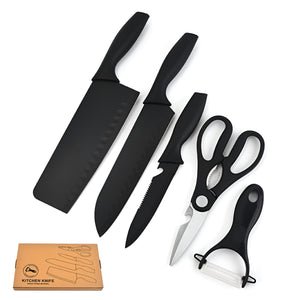 Pruchef - 5Pcs Professional Stainless Steel Knife Set with Peeler & Scissors - Black