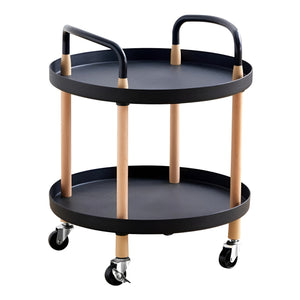 Pruchef - 2 Tier Round Rolling Utility & Serving Cart with Solid Wood Legs - Black