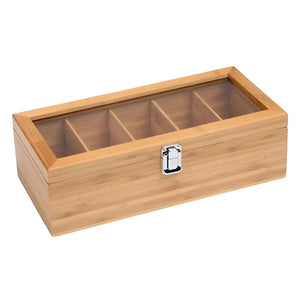 Pruchef - Bamboo Tea Bag Organizer with 5 Compartments and Clear Glass Lid - Natural