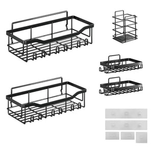Pract Pack - 5 Pack Iron Bathroom Shower Caddy Organizer with Adhesive Hooks - Black
