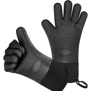 Pruchef - 1 Pair Silicone Heat Resistant BBQ & Braai Gloves with Hanging Loop – Black