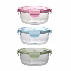 Pruchef - Set of 3 Round Glass Food Containers - 950ml with Leak-Proof Clip Lids