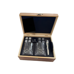 Bar Visor - 2 Pcs Whisky Glass Gift Set with Wooden Box & Accessories - Brown