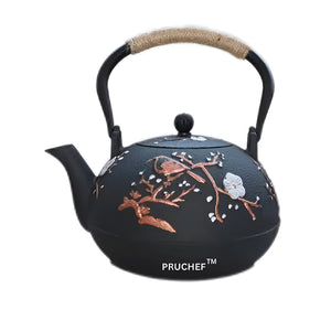Pruchef - 1200ml Antique Bird Pattern Cast Iron Teapot with Infuser - Black