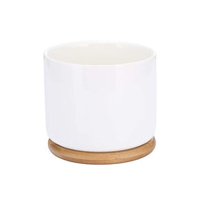 Herqona- Succulent Plant Pots -Cylindrical Containers with Drainage Hole and Bamboo Tray- White