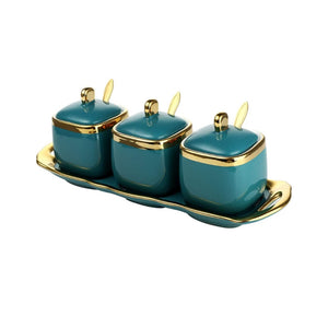 Pruchef - Set of 3- Emerald Glaze Porcelain Condiment Jar Spice Container with Lids - Dark Green