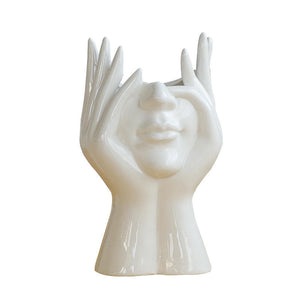 Herqona-  Human Face Art Ceramic Vase, Modern Sculpture White Planter Pot - White
