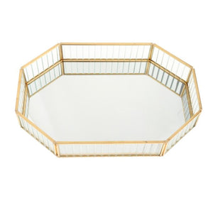 Volamor - Gold Luxury Glass Mirror Ridged Tray, Decor Vanity Piece - 42cm