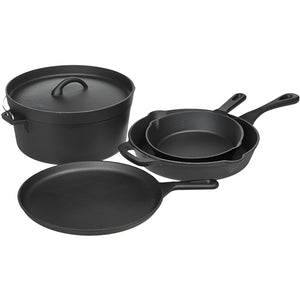 PRUCHEF - 5 Pcs Cast Iron Cookware Set with Skillets, Griddle & Dutch Oven - Black