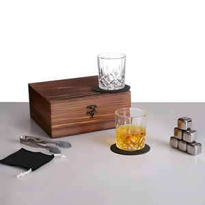 Bar Visor - 2 Pcs Whisky Glass Gift Set with Wooden Box & Accessories - Brown
