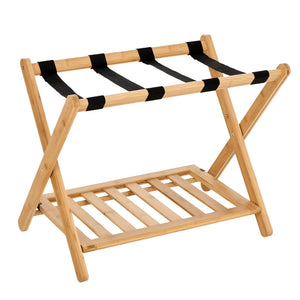 PRACT PACK - Floor-Standing Wooden Double Layer Luggage Rack with Shelf - Natural Wood