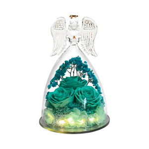 Volamor - 17cm Glass Angel Figurine with Forever Roses - Aqua Blue