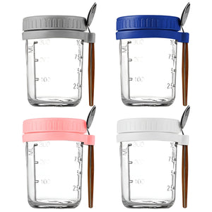 PRUCHEF - 4 Pcs Glass Overnight Oatmeal Cups with Lids and Spoons - Multicolor