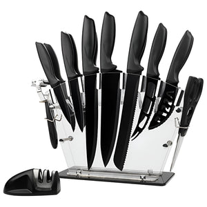PRUCHEF - 11 Pcs Stainless Steel Kitchen Knife & Tool Set with Acrylic Holder - Black