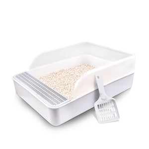 WigWagga - 41cm High Sided Semi Open Cat Litter Tray with Hanging Scoop - White