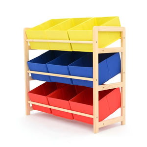 TOTO BUBS - 3 Layer Pine Wood Toy Storage Rack with 9 Fabric Boxes - Multicolor