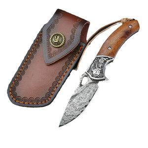 Herqona - 76 Layers Damascus Steel Folding Pocket Knife with Case - Brown