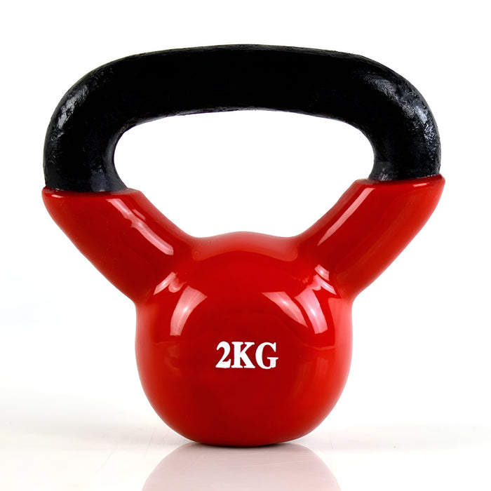 TUGOPLAY - 2kg Cast Iron Kettlebell with Vinyl Coating, Flat Base & Wide Grip - Red