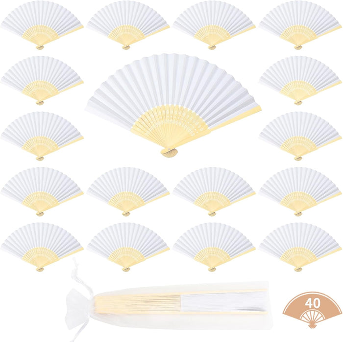 Volamor - 40 Pcs Lightweight Bamboo Decorative Handheld Paper Fans - White