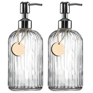 Pract Pack - 2 Pcs Glass Soap Dispensers with Pump and Wooden Tags - Clear