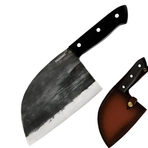 Pruchef - Hand Forged Butcher Knife With Leather Sheath - Black