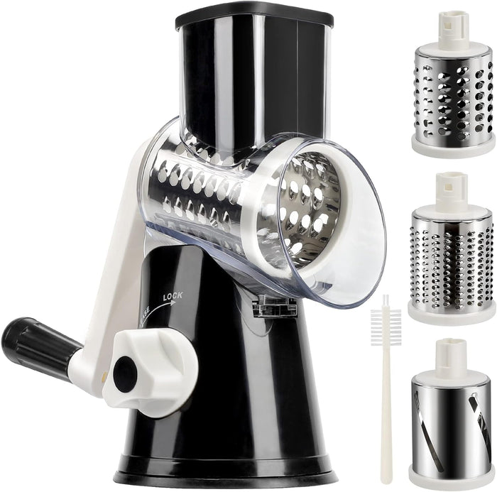 Pruchef - 3 Replaceable Drum Blades, Manual Rotary Cheese Grater - Black