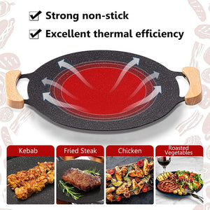 Herqona - Korean Roasting Iron Grill Plate With Wooden Handle 30cm - Black