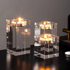 Volamor - 3 Pcs Elegant Glass Crystal Square Candle Holders - Transparent