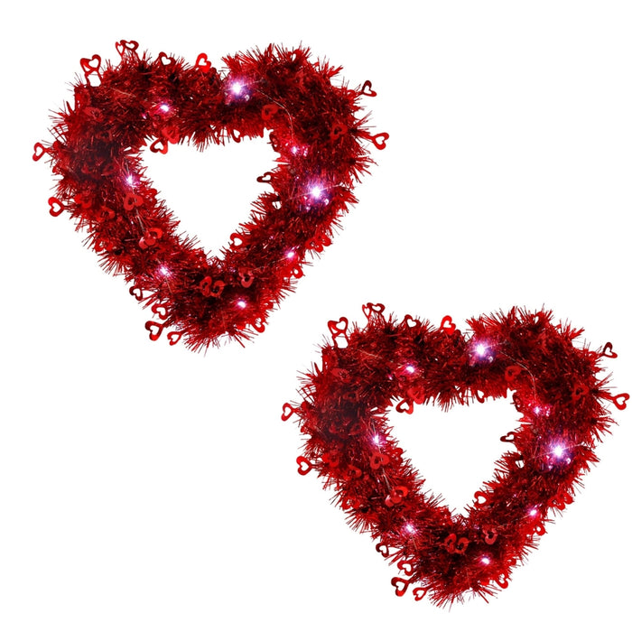 Volamor - 2Pcs Tinsel Heart Shaped Hanging Wreaths with String Lights - Red
