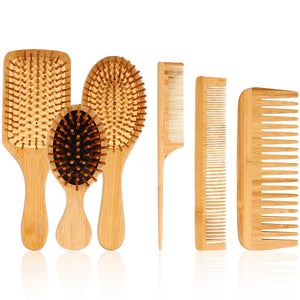 Volamor - 6 Pcs Bamboo Hair Brush and Comb Set for All Hair Types - Natural