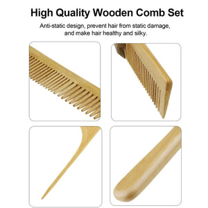 Volamor - 6 Pcs Bamboo Hair Brush and Comb Set for All Hair Types - Natural