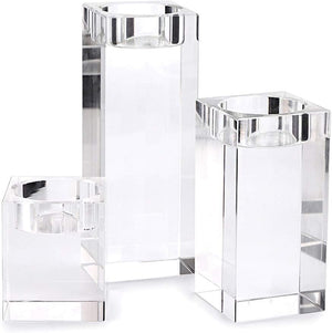 Volamor - 3 Pcs Elegant Glass Crystal Square Candle Holders - Transparent