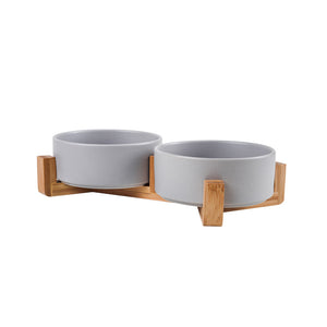 WigWagga - 2 Pcs Ceramic Pet Bowl with Bamboo Stand - Grey