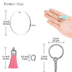Volamor - 200 Pcs Round Acrylic Key Rings With Tassels Kit For DIY Keychains - Clear