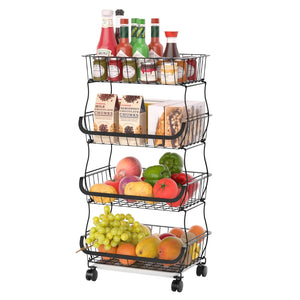 Pruchef - 4 Tier Stackable Iron Storage Basket with Wheels & Anti Slip Feet - Black