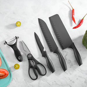 Pruchef - 5Pcs Professional Stainless Steel Knife Set with Peeler & Scissors - Black