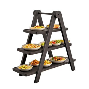 Pruchef - 3 Tier Paulownia Wood Decorative Tray Stand & Serving Platter - Black