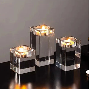 Volamor - 3 Pcs Elegant Glass Crystal Square Candle Holders - Transparent