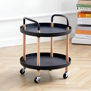 Pruchef - 2 Tier Round Rolling Utility & Serving Cart with Solid Wood Legs - Black
