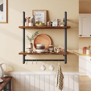 Pract Pack - Kitchen Floating Shelves Wall Mounted Display Rack with Towel Bar Hooks - Brown