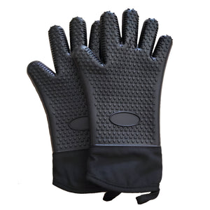 Pruchef - 1 Pair Silicone Heat Resistant BBQ & Braai Gloves with Hanging Loop – Black