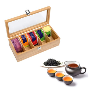 Pruchef - Bamboo Tea Bag Organizer with 5 Compartments and Clear Glass Lid - Natural