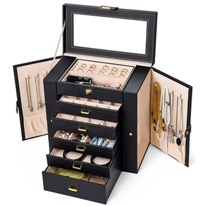 Volamor - 5 Layer PU Leather Jewelry Storage Box with 4 Drawers and Mirror - Black