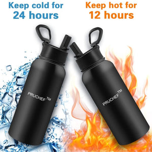 Pruchef - 1.2L Stainless Steel Double Wall Water Flask With 3 Lids - Black