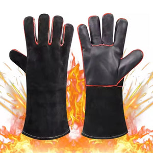 Herqona - 36cm High Quality Leather Fireproof Gloves with Forearm Protection - Black