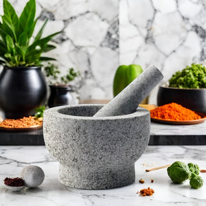 Pruchef - 15x10cm Stone Granite Mortar & Pestle Set for Kitchen - Grey