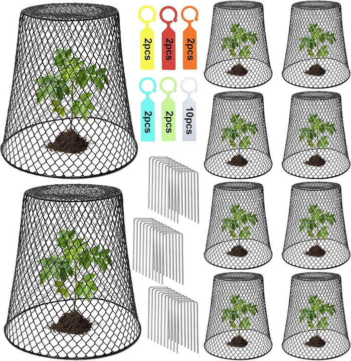 Herqona - 10 Pcs Chicken Wire Cloche Plant Protector & Accessories - Black