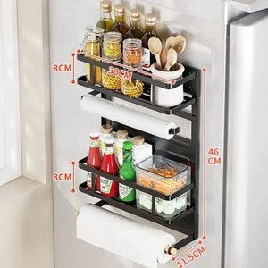 Pruchef - 46cm Iron Magnetic Spice Rack for Refrigerator with Wooden Holder - Black