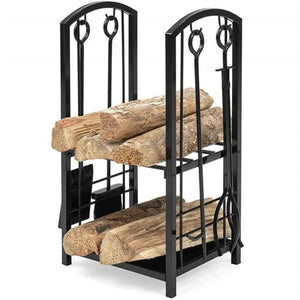 Herqona - Fireplace Log Holder with 4 Tools Set Fireplace Wood Holder - Black